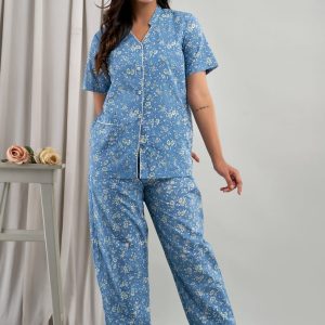 Rayon printed full length blue Night Suit